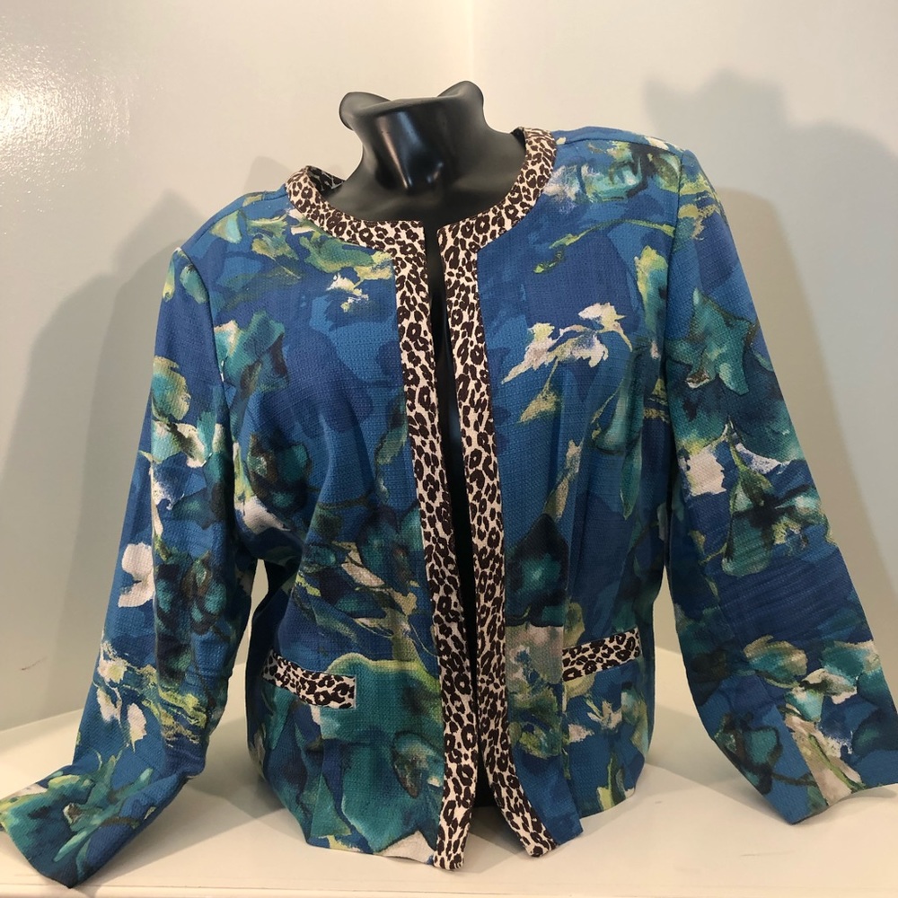 Chico’s floral jacket with brown/white trim; size3